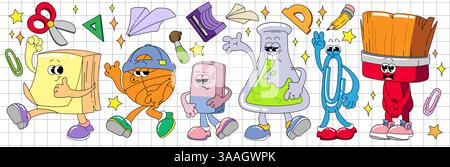 I personaggi delle scuole retrò sono isolati sullo sfondo della pagina del notebook. Illustrazione di cartoni animati vettoriali di note adesive funky, palla da basket, gomma, fiasca chimica, graffetta, spazzolare le mascotte con il viso sorridente Illustrazione Vettoriale