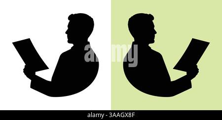 Illustrazione di un uomo d'affari che analizza i documenti, ideale per il lavoro in ufficio, il controllo dei rapporti e gli effetti visivi di revisione aziendale negli ambienti aziendali. Illustrazione Vettoriale