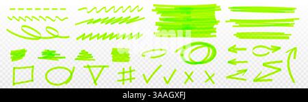 Evidenziare le linee dei marcatori e le sottolineature, i fotogrammi e le frecce. Elementi grafici disegnati a mano in verde neon brillante su sfondo trasparente. Forme in stile scarabocchio, segni di spunta per l'enfasi o la selezione del testo. Illustrazione Vettoriale