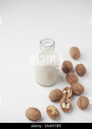 Bevanda fatta in casa con frutta a guscio. Latte vegano, senza lattosio in bottiglia di vetro e nocciole Foto Stock