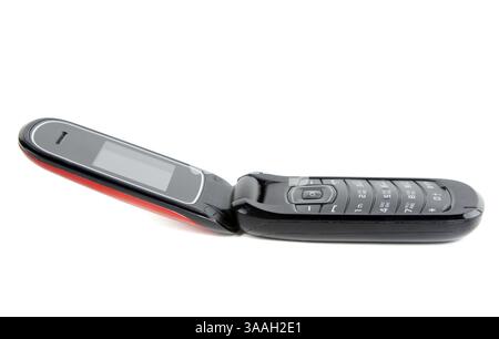 Telefono cellulare clamshell su sfondo bianco Foto Stock