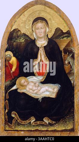 The Adoration of the Christ Child è un dipinto a tempera e oro su tavola dell'artista tardo medievale gentile da Fabriano, risalente al 1420-1421 e ospitato nel Getty Center di Los Angeles, Stati Uniti. Foto Stock