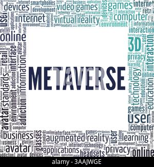 Metaverse - illustrazione vettoriale concettuale di Digital Universe, nuvola di parole isolata su sfondo bianco. Illustrazione Vettoriale