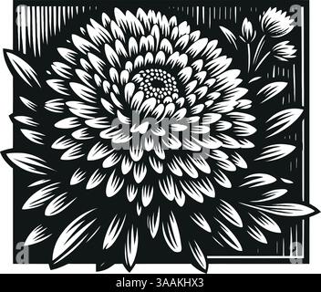 Illustrazione del taglio di linocut del Chrysanthemum. Design floreale audace e a contrasto elevato con stampa a blocchi realizzata a mano. Chrysanthemum Bloom con telaio Woodcut. Illustrazione Vettoriale