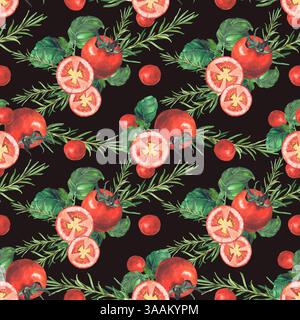 Acquerello senza cuciture con verdure. Clip art isolata disegnata a mano su sfondo nero. Immagini luminose e succose di verdure realistiche per Foto Stock
