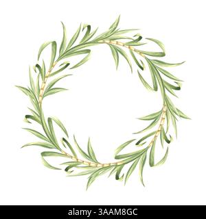 Gambi di canna da zucchero con foglie di acquerello isolate. Telaio rotondo con steli e fogliame verde. Illustrazione disegnata a mano di germogli di bambù. Modello Foto Stock