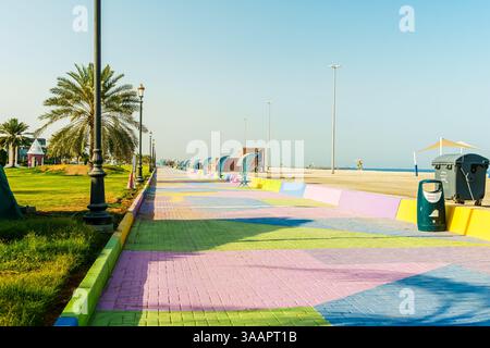 Kalba Corniche a Sharjah Emirati Arabi Uniti (Emirati Arabi Uniti) in una splendida giornata a piedi lungo il Golfo dell'Oman vicino alla città. con bellissimi fiori gialli. H Foto Stock