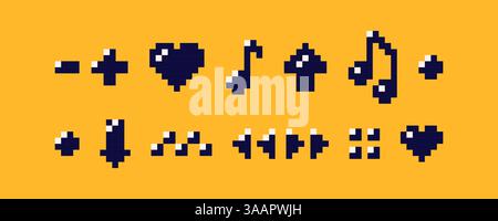 icone di grafica pixel a 8 bit. In più, meno, quadrato, cuore piccoli elementi su sfondo giallo brillante. Illustrazione Vettoriale
