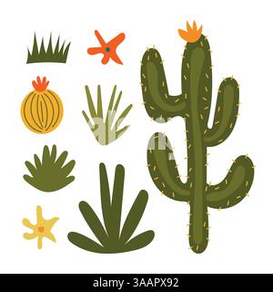 Collezione Cactus con succulente spietate e piante desertiche in verdi e gialli terrosi, ideale per paesaggi preistorici, arte del giardino selvaggio, e. Illustrazione Vettoriale