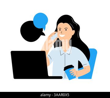 Donna d'affari sorridente e parla al telefono mentre beve un caffè e lavora su un notebook, bolle di comunicazione che rappresentano la comunicazione e il multitasking Illustrazione Vettoriale