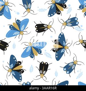 Motivo decorativo senza cuciture con farfalle blu e nere stilizzate, decorate con foglie e fiori, su sfondo bianco, tessuto e carta da imballaggio Illustrazione Vettoriale