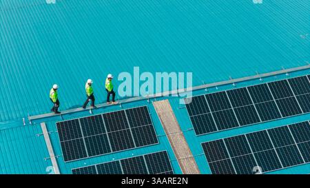 Vista aerea del pannello solare Professional Engineer Team Service. Manutenzione del lavoratore pulizia sostituzione del pannello solare. Foto Stock