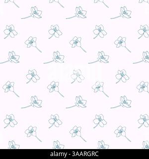 Fiori di albicocca motivo senza cuciture per tessuti, tessuti, sfondo, copertine, . Fiori blu disegnati a mano in primavera. Albero da frutto in fiore. Illustrazione Vettoriale
