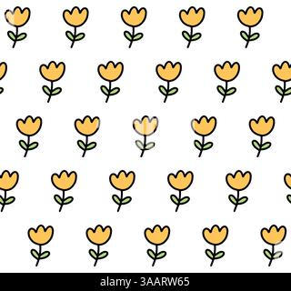 Simpatico sfondo senza cuciture Primavera Estate con doodle di fiori di tulipani gialli con contorno nero su sfondo bianco. Illustrazione Vettoriale