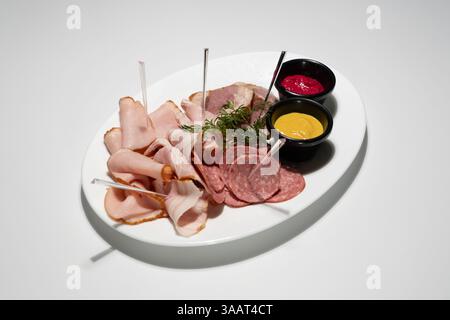 Piatto di affettati assortiti con salame, prosciutto, senape e salse servite su piatto bianco. Foto Stock