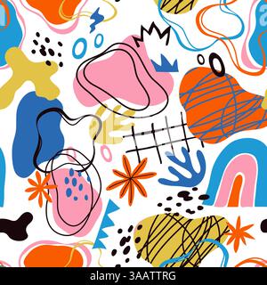 Colorato motivo astratto senza cuciture. Collage di forme irregolari e casuali, elementi di tendenza ripetuti, design contemporaneo, tessuto minimal, involucro Illustrazione Vettoriale