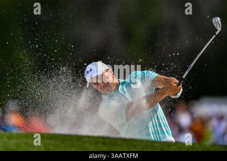 1 aprile 2018: Jordan Speith colpisce da un bunker sul fairway al 18° green durante lo Houston Open al Golf Club di Houston a Humble, Texas. Chris Brown/CSM(immagine di credito: &Copy; Chris Brown/CSM tramite cavo ZUMA) Foto Stock