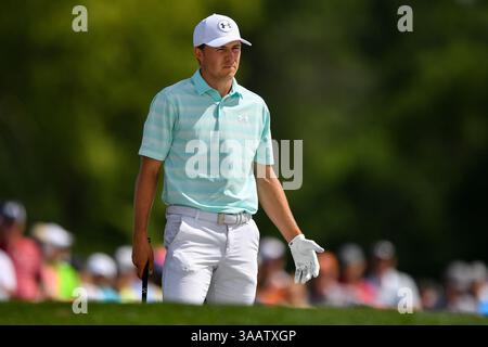 1 aprile 2018: Jordan Speith allinea un tiro da un bunker del fairway al 18° green durante lo Houston Open al Golf Club di Houston a Humble, Texas. Chris Brown/CSM(immagine di credito: &Copy; Chris Brown/CSM tramite cavo ZUMA) Foto Stock