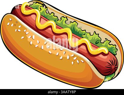 Delizioso hot dog con senape e lattuga. Illustrazione Vettoriale