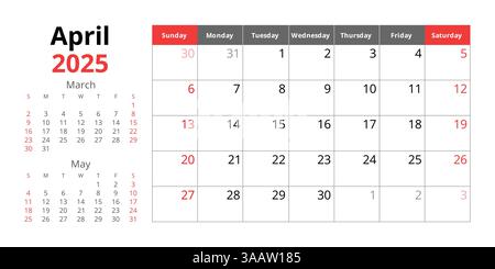 calendario di aprile 2025. Un mensile in inglese vettoriale. Mese invernale. Design con inizio domenica Illustrazione Vettoriale