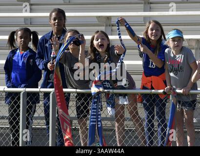 31 marzo 2018 - Cary, North Carolina, Stati Uniti - Cary, NC - sabato 31 marzo 2018: Tifosi durante una partita di regular season della National Women's Soccer League (NWSL) tra il North Carolina Courage e lo Sky Blue FC allo stadio Sahlenâ€™s al WakeMed Soccer Park. (Immagine di credito: © Grant Halverson/ISIPhotos via ZUMA Wire) Foto Stock