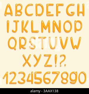 Design con caratteri lucidi. Lettere e numeri ABC gialli. Set vettoriale di lettere dei cartoni animati Illustrazione Vettoriale