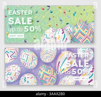 Striscioni di Pasqua con uova ornate in 3d su verde e viola con lettere. Carino sfondo di pasqua vettoriale. Illustrazione vettoriale Illustrazione Vettoriale