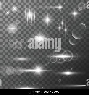 Collezione di diversi effetti luminosi luminosi. Le lenti brillano, i raggi, le stelle e scintillano con la collezione bokeh. Effetto luce trasparente vettoriale Illustrazione Vettoriale