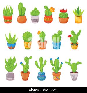 Set di 16 cactusi vettoriali e succulenti in vasi di fiori. Piante di cactus domestiche con fichi e fiori. Esotica collezione tropicale di vari succulenti Illustrazione Vettoriale