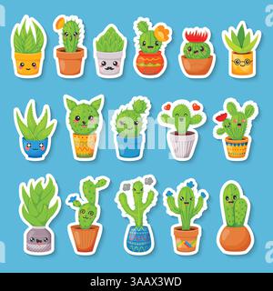 Set di 16 simpatici cactus dei cartoni animati e adesivi succulenti. Cactusi kawaii vettoriali con facce divertenti in vari vasi Illustrazione Vettoriale