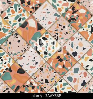 Motivo terrazzo senza cuciture. Sfondo a ripetizione con motivo vettoriale unico e realizzato a mano. Forme in granito dai colori vivaci Illustrazione Vettoriale
