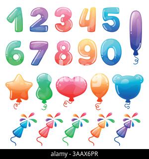 Serie di numeri dei cartoni animati a colori, palloncini e fuochi d'artificio. Caramelle arcobaleno e simpatici simboli cartoni animati. Raccolta vettoriale di diversi simboli festivi Illustrazione Vettoriale