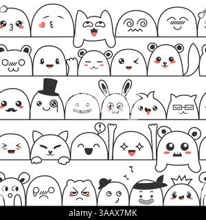 Motivo senza cuciture con simpatici mostri e animali kawaii. Doodle fumetti dei cartoni animati con volti in stile manga. Simpatico emoticon emoji disegnato a mano Illustrazione Vettoriale