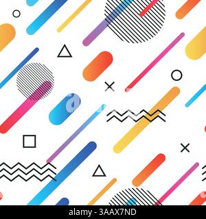 Sfondo retrò astratto in stile memphis con forme geometriche semplici e multicolori. Ripetizione vettoriale con triangoli, cerchi, linee Illustrazione Vettoriale