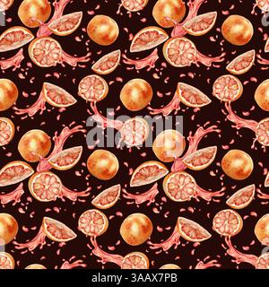 Metà di arance rosse, fette di succo d'acquerello motivo senza cuciture isolato al buio. Frammenti di agrumi maturi disegnati a mano su consistenza ripetuta Foto Stock