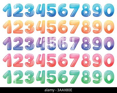 Serie di numeri dei cartoni animati a colori. Caramelle arcobaleno e simpatici simboli cartoni animati. Raccolta vettoriale di diversi simboli festivi Illustrazione Vettoriale