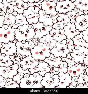 Motivo senza cuciture con graziose nuvole di kawaii. Doodle fumetti dei cartoni animati con volti in stile manga. Simpatici emoticon emoji personaggi disegnati a mano. Emozione Illustrazione Vettoriale