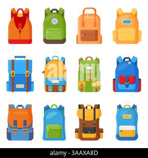 Set di dodici zaini vettoriali scolastici colorati. Collezione di appartamenti didattici e di studio, ritorno a scuola, bagaglio per la scuola, zaino Illustrazione Vettoriale