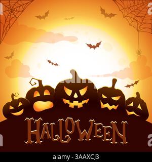 Poster vettoriale di Halloween. Zucche luccicanti di Halloween, pipistrelli volanti, ragno e ragnatela su sfondo astratto con una grande luna Illustrazione Vettoriale