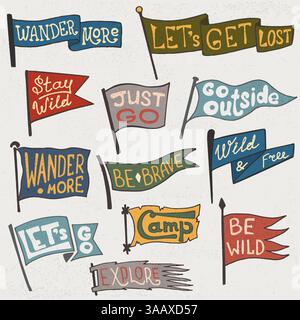 Avventura all'aperto, campeggio colorato con pennant. Etichette retrò monocromatiche su sfondo testurizzato. Stile vagabondo disegnato a mano. fla di viaggio pennant Illustrazione Vettoriale