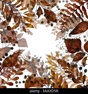 Cornice quadrata di foglie e bacche autunnali colorate. Illustrazione fatta a mano con acquerello Foto Stock