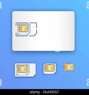 Scheda SIM realistica vuota. Set di schede SIM vettoriali. Schede full size, mini, micro e nano. Chip del telefono cellulare Illustrazione Vettoriale
