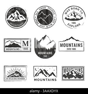 Set di nove emblemi da viaggio in montagna con texture grunge. Emblemi vettoriali, badge e toppe con logo per il campeggio all'aperto. Turismo di montagna, escursioni. Illustrazione Vettoriale