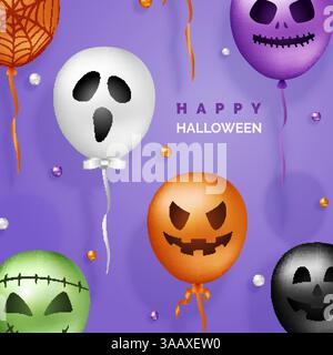 Halloween 3D Vector Balloons background. Spaventoso pallone aerostatico nei colori tradizionali. Halloween Ghost Balloons Illustrazione Vettoriale