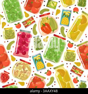 Sottaceti di frutta e verdura. Mantiene il pattern senza cuciture. Pere e cetrioli marinati in vasetti di vetro. Confettura di ciliegie. Stampa ripetuta. Contenitori da cucina Illustrazione Vettoriale