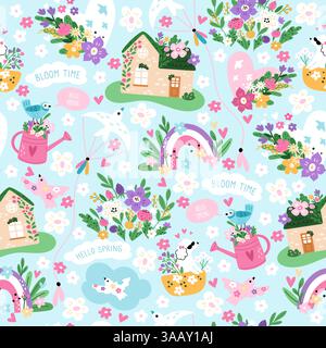 Paesaggio primaverile senza cuciture. Casa da favola. Sky Rainbow. Bouquet di fiori. Uccelli volanti. Stampa ripetuta. Piante in fiore. Ciao primavera Illustrazione Vettoriale