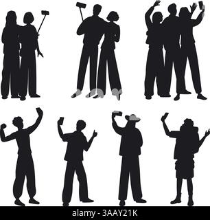 Silhouette da uomo e donna con i telefoni che scattano selfie. Persone che scattano istantanee. Turista che fa fotografie con la fotocamera anteriore del telefono. Coppia Illustrazione Vettoriale