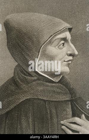 Girolamo Savonarola (1452-1498). Frate domenicano ascetico italiano e predicatore. Organizzatore del falò delle vanità. Scomunicato ed eseguito dal Tribunale della Santa Inquisizione. Verticale. Incisione. Dettagli. Historia de las persecuciones políticas y religiosas en Europa (storia delle persecuzioni politiche e religiose in Europa). Volume II pubblicato a Barcellona, 1864. Foto Stock