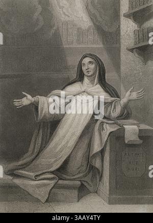 Santa Teresa di Gesù (Teresa d'Avila) (1515-1582). Suora spagnola, fondatrice dell'ordine dei Carmelitani scalzi. Mystic e scrittore. Incisione. Historia de las persecuciones políticas y religiosas en Europa (storia delle persecuzioni politiche e religiose in Europa). Volume II pubblicato a Barcellona, 1864. Foto Stock