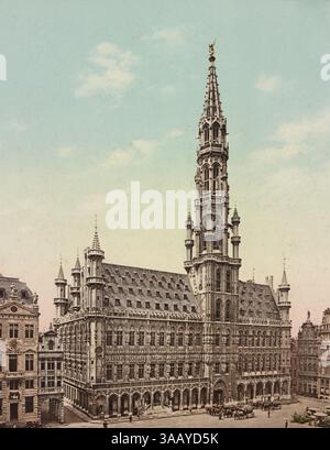 Stampa fotocromatica d'epoca del municipio nella città di Bruxelles, Belgio. Foto Stock
